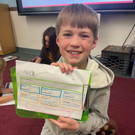 Student displaying research writing